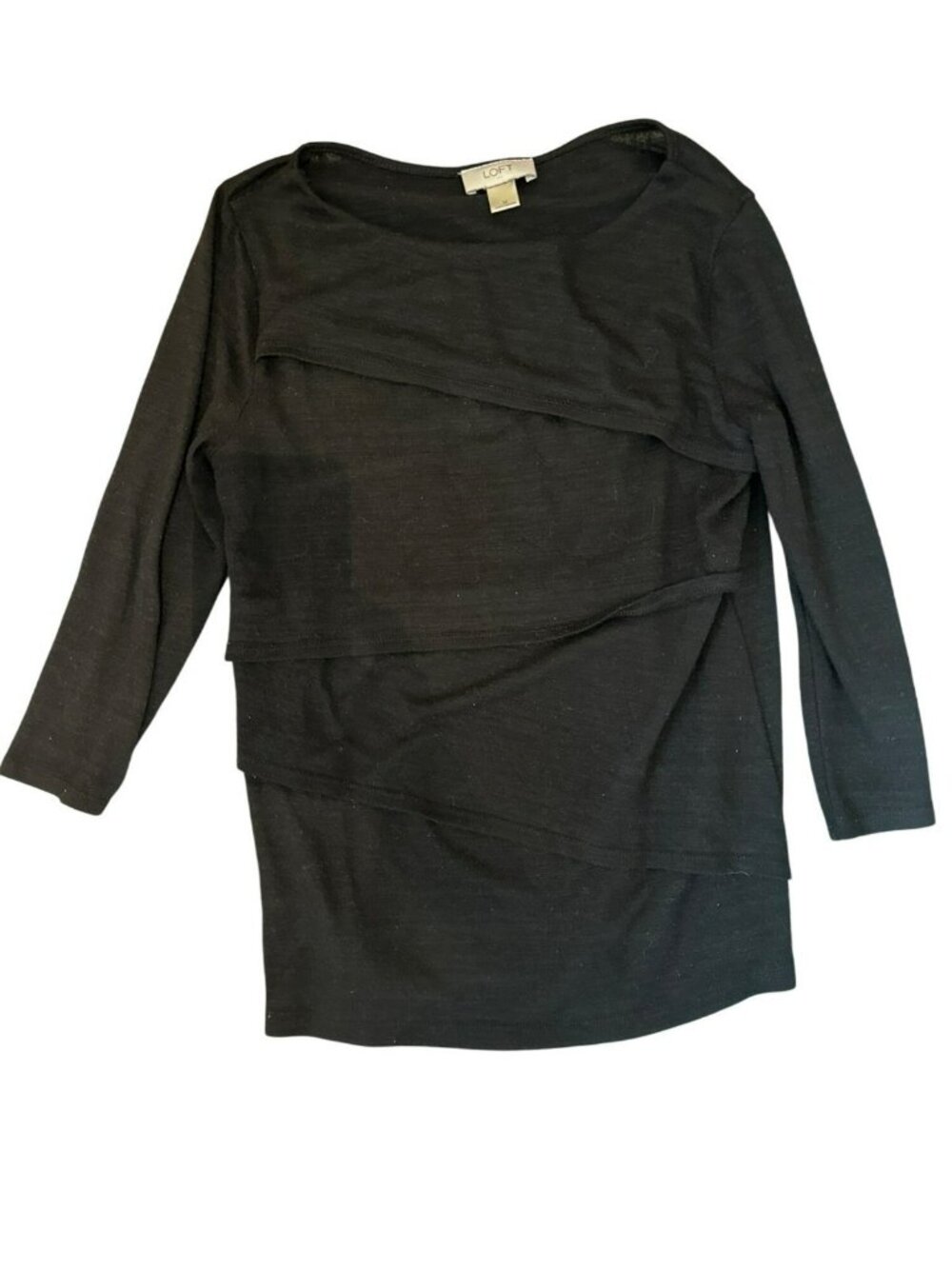 Ann Taylor Loft Top Sweater Medium Black Tiered Long Sleeve Career Basic Fall